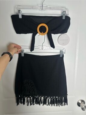 SHEIN Black Fringe Knit Mini Skirt and Bandeau Set with Amber Buckle